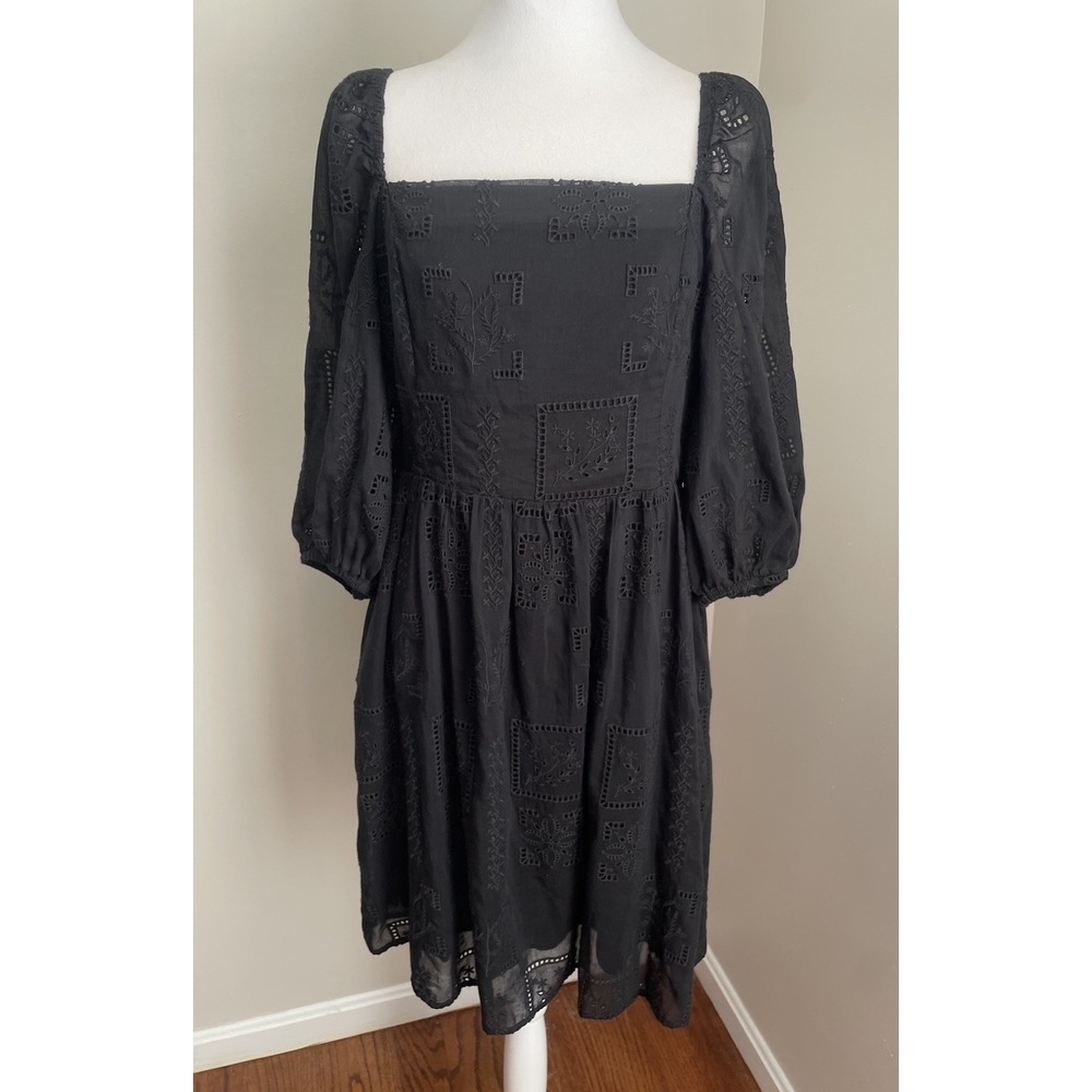 Johnny Was Jade‎ M Eyelet Mini Dress Black Cotton Silk Embroidered Puff Sleeve